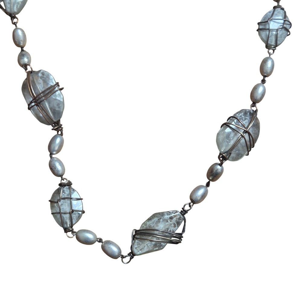 Artisan Wire Wrapped Glass Stone Necklace Bronze Silver Tone Boho Whimsigoth
